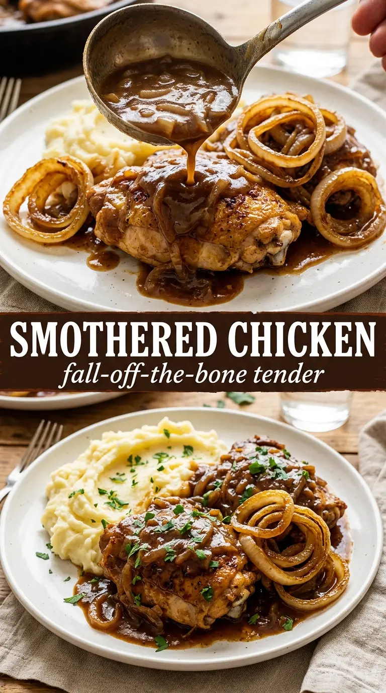 Smothered Chicken with onion gravy, skillet chicken, creamy