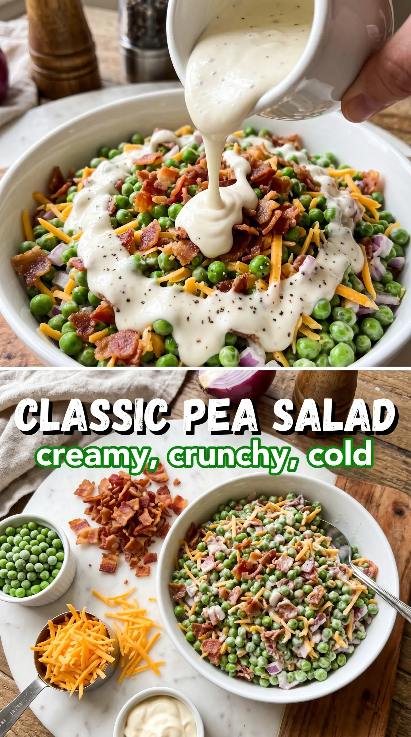 Pea salad with bacon and cheddar, creamy and tangy