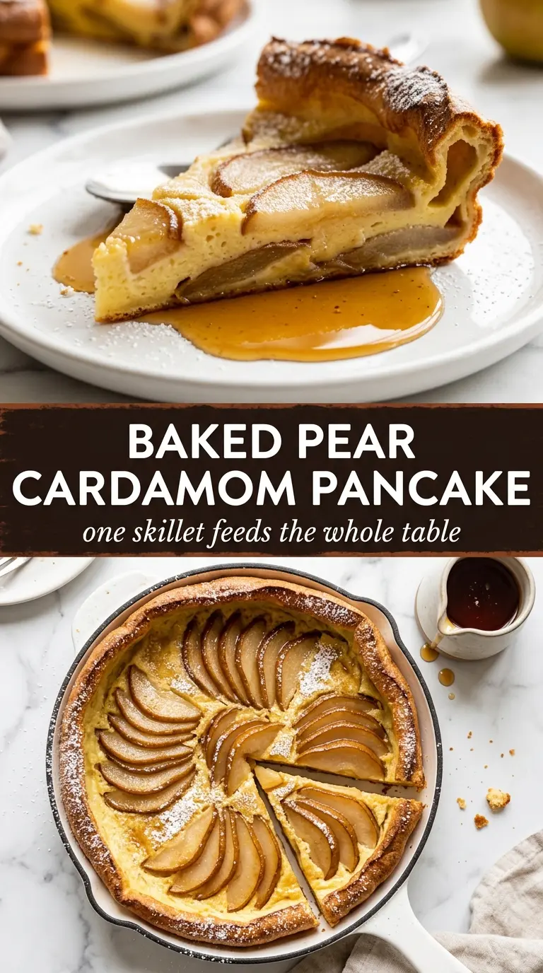 Baked pancake with pear and cardamom, puffed skillet, caramelized pears