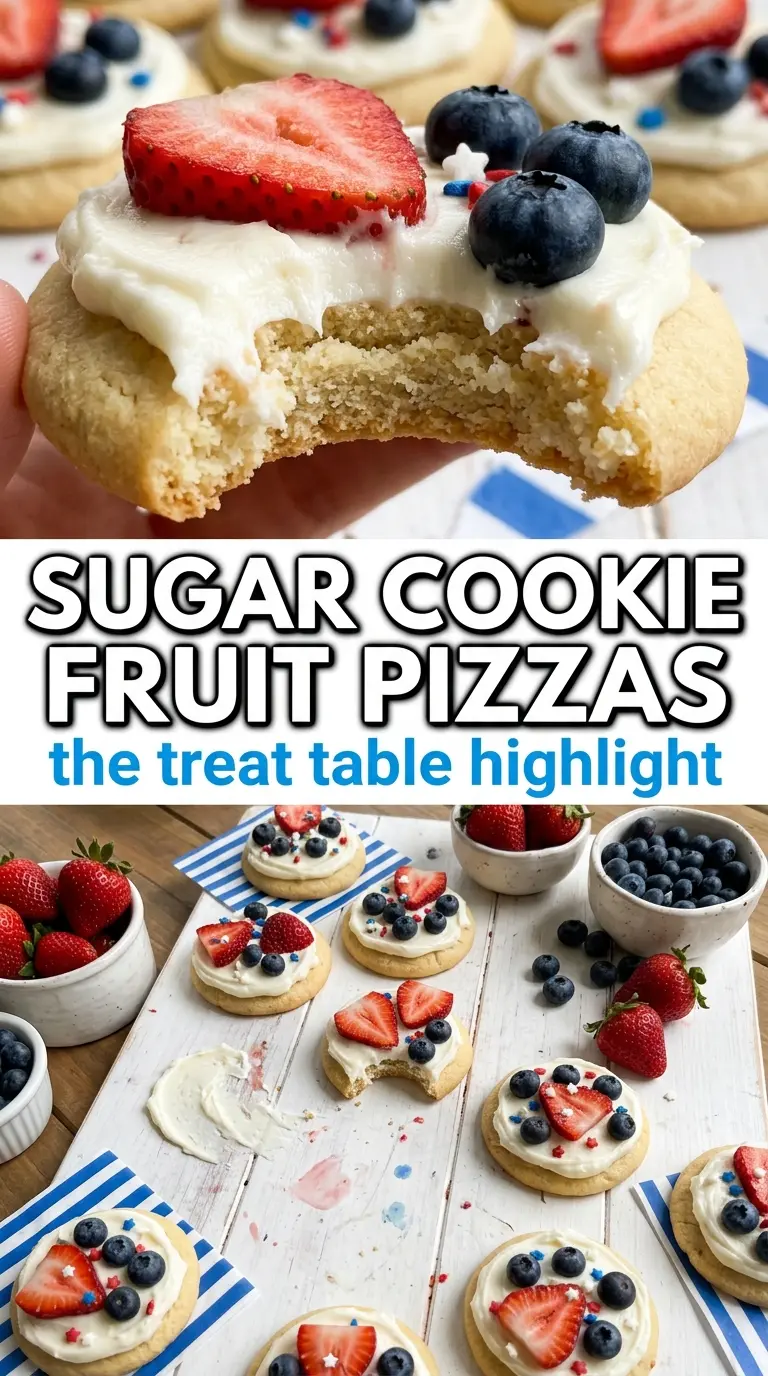 Mini Patriotic Fruit Pizzas with cream cheese berries and cookie bases