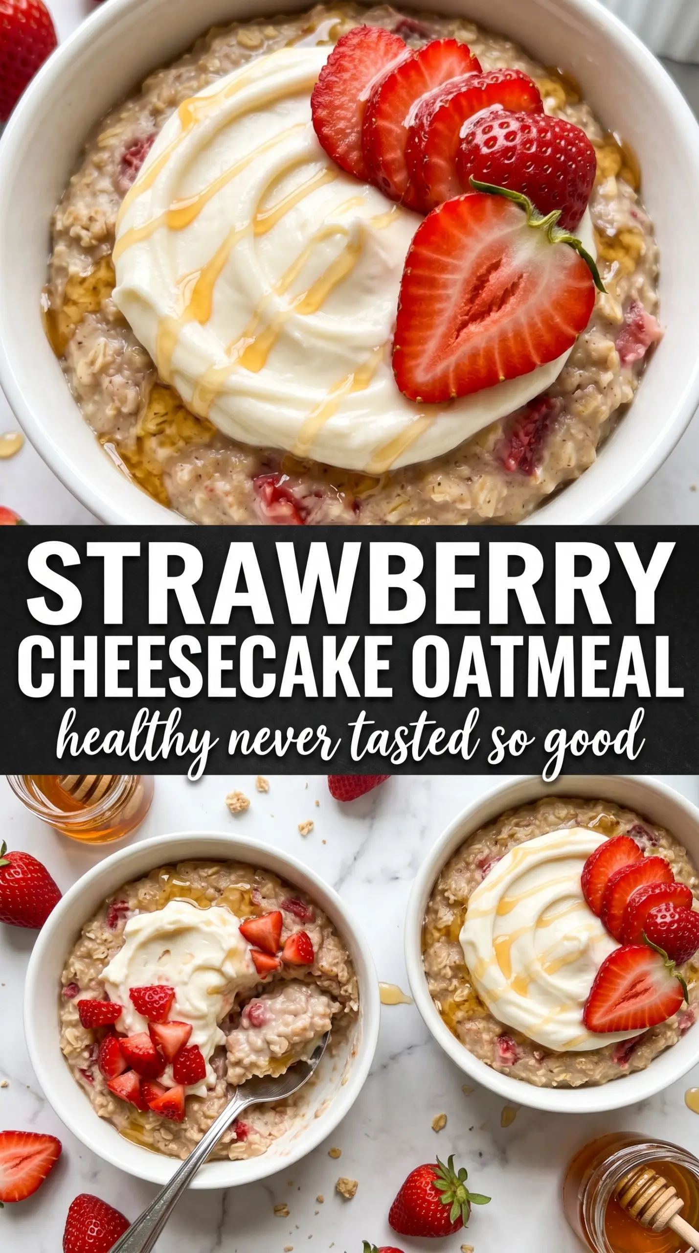 Strawberry Cheesecake Baked Oatmeal with strawberries, cream cheese swirl, baked oats