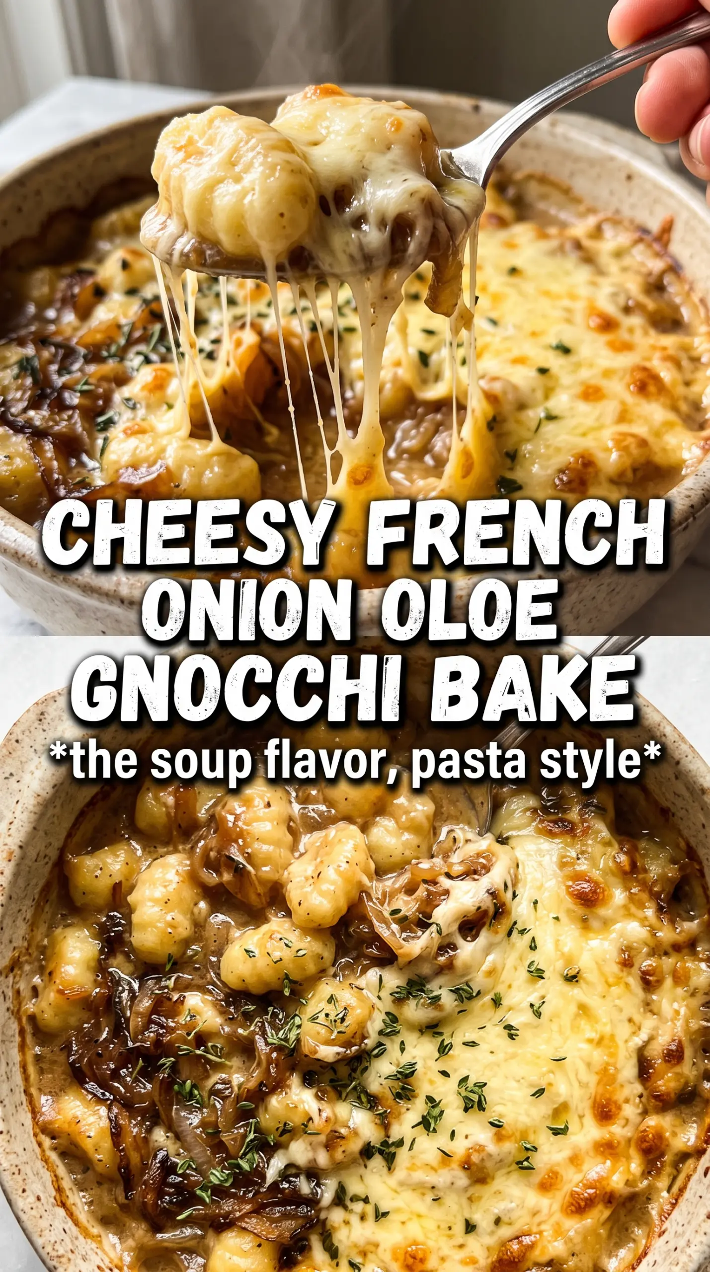 Baked French onion gnocchi golden cheesy