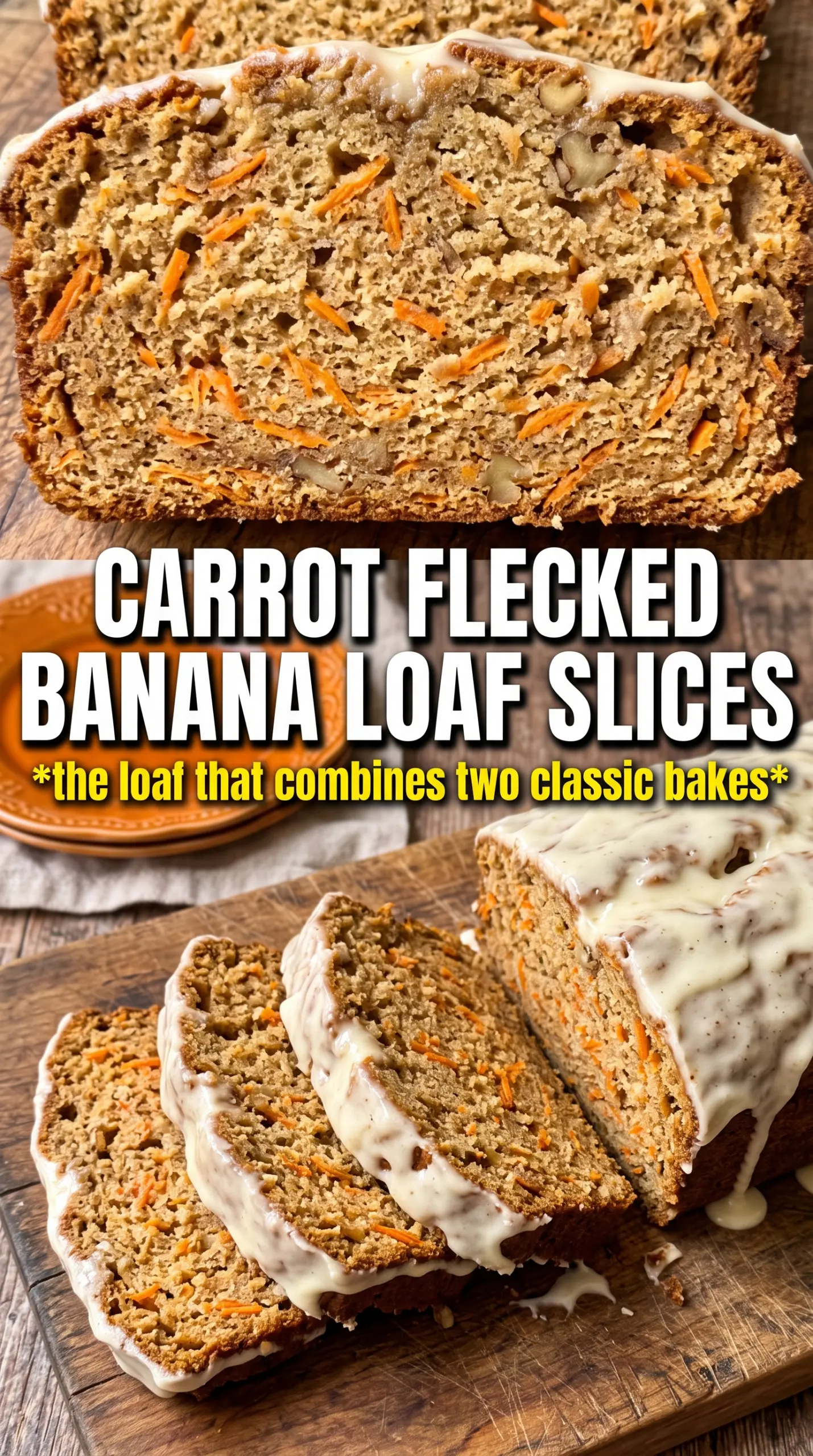 Carrot Cake Banana Bread with cream cheese frosting, spiced loaf, shredded carrot
