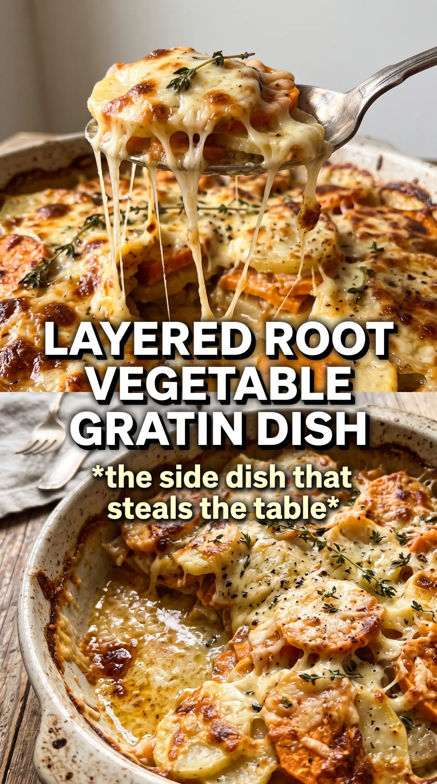 Cheesy Root Vegetable Gratin golden layered bubbling