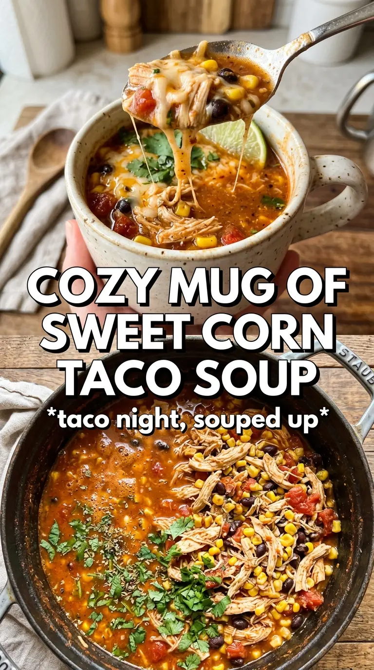 Chicken Taco Soup With Corn golden broth, shredded chicken, corn