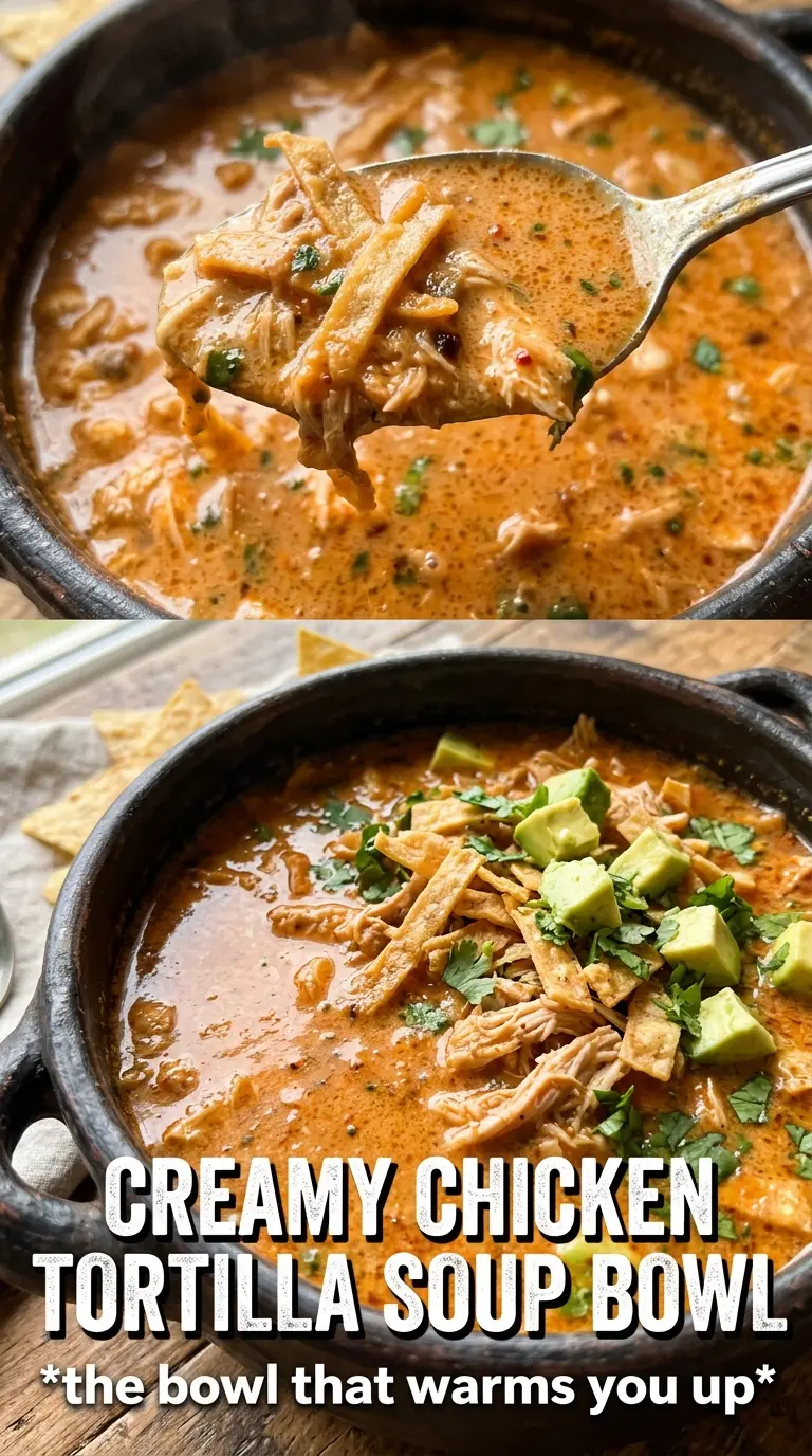 Creamy Chicken Tortilla Soup rich Tex-Mex, shredded chicken, tortilla strips