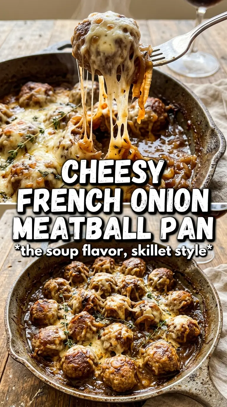French Onion Meatball Skillet caramelized onions Gruyere thyme