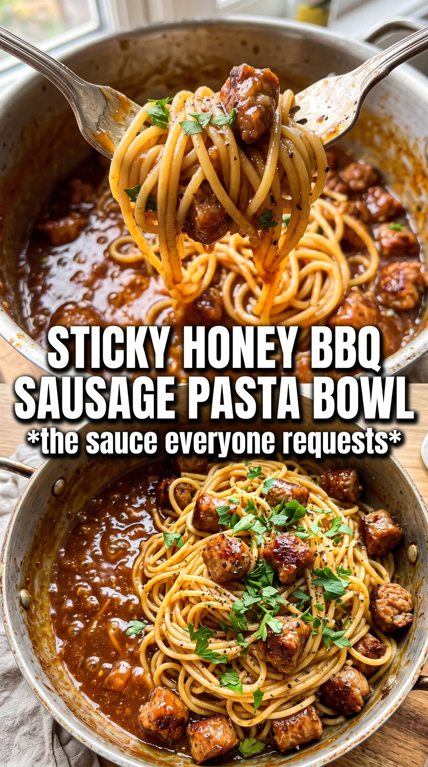 Honey BBQ Sausage Pasta glossy rigatoni caramelized sausage