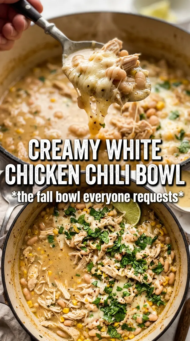 White Chicken Chili creamy golden, shredded, hearty