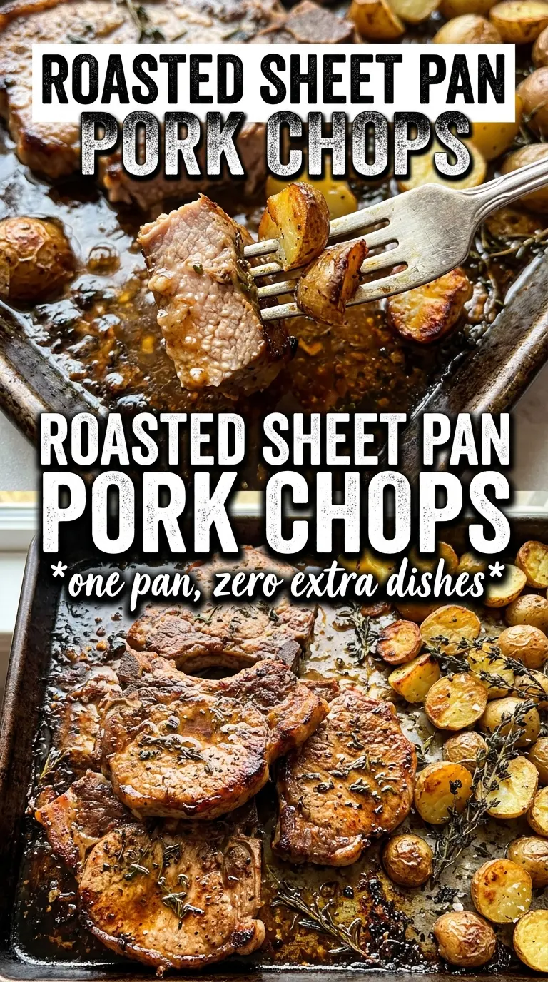 sheet pan pork chops and potatoes, golden, garlicky, caramelized